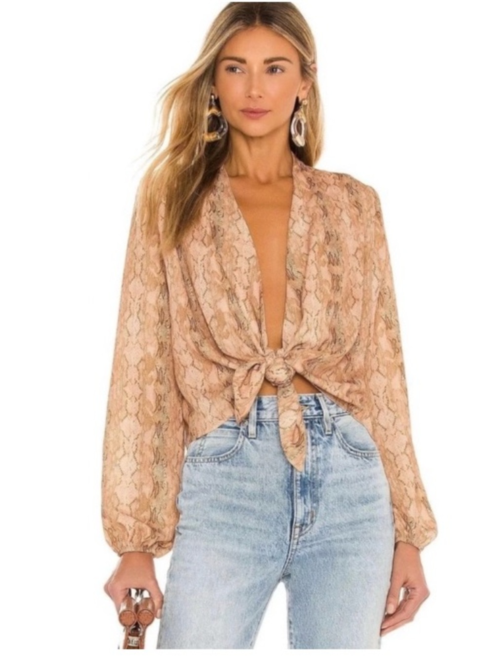 RESA Luna Snake Print Tie Front Crepe Blouse Animal Print Boho Tan Small